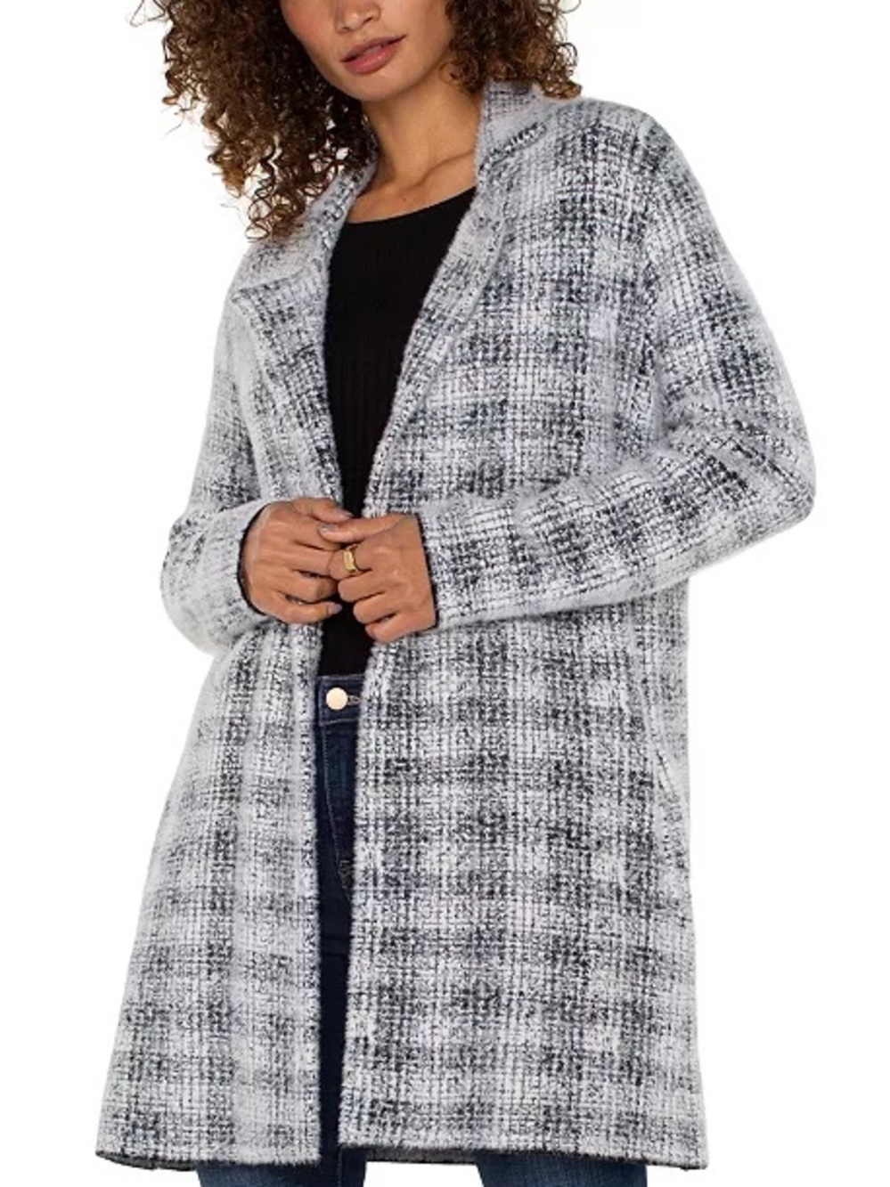 Liverpool Gray Plaid Open-Front Long Cardigan Size Large